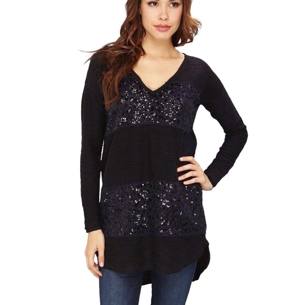 Free People Wool Alpaca Sequin V Neck Dark Blue Black Oversized Sweater sz S